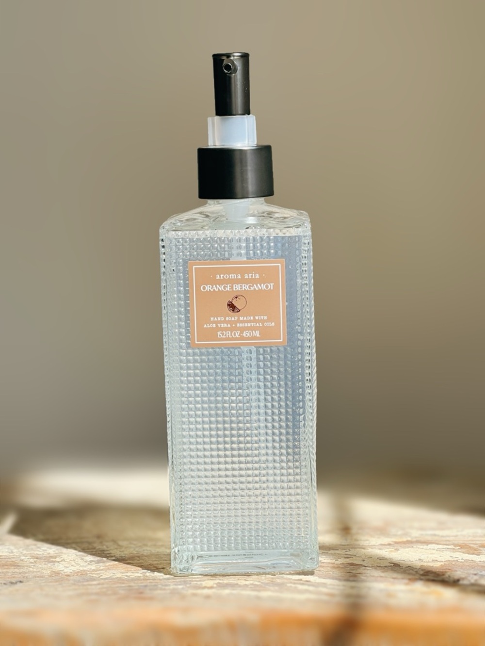 NEW Aroma Aria Orange Bergamot Hand Wash / Soap Glass Bottle Black Pump 15.2 OZ